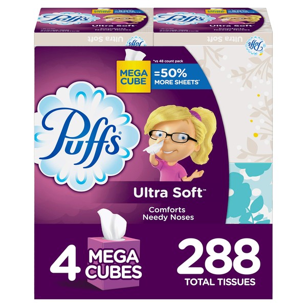 Ultra Soft Non-Lotion Facial Tissues, 4 Mega Cube Boxes (288 Total Tissues)