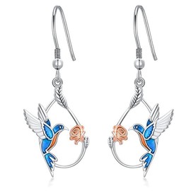 Hummingbird Earrings for Women Silver Small Bird Earrings Leaf Flower Dangle Drop Earrings Hummingbird Jewelry for Women(A)