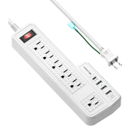 Micshion Power Strip with Type-C (PD Function), Outlet (2400 W), Extension Cord 6.6 ft (2 m), 6AC Charging Port, 4 USB Ports, Fixed Hook for Wall Mounting, Fast Charging, Lightning Guard, Overload