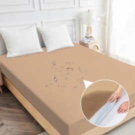 ARCONA King Mattress Protector Waterproof, Soft Breathable Mattress Cover Noiseless Machine Washable, 18" Deep Pocket Mattress Bed Cover King Size Fitted Sheet Style, Camel