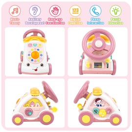 Love&Mini Baby Musical Toys for Girls - Crawling Steering Wheel Toys with Car, Telephone, Lights & Sounds - Multi-Functional Educational Gifts for 18+ Months Old Girls Birthday Xmas