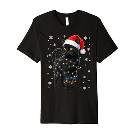 Black Cat Christmas Lights Santa Hat Holiday Premium T-Shirt