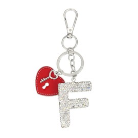 Winssigma Initial Letter Keychain, Sparkly Rhinestones Backpack Car Keychain with Cute Heart Shape Pendant(F-White)