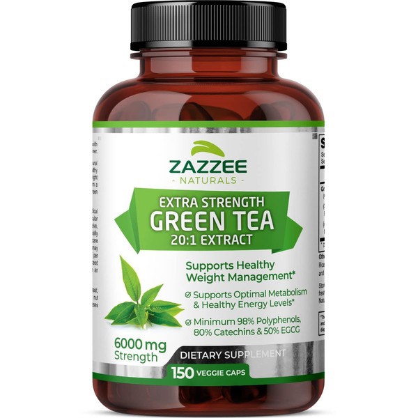 Zazzee Extra Strength Green Tea 20:1 Extract, 6000 mg Strength, 50% EGCG, 98% Polyphenols and 80% Catcehins, 150 Vegan Capsules, 5 Month Supply, Standardized and Concentrated 20X Potency, Non-GMO