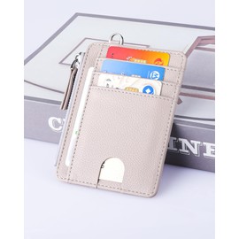 Teskyer Slim Minimalist Wallet, RFID Blocking Credit Card Holder Leather Wallet with Zipper Pocket for Men Women - Lichee Beige