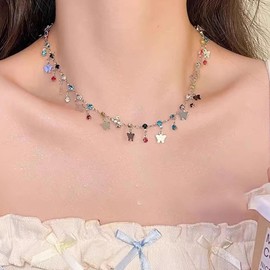 Wendalern Boho Colorful Crystal Chain Necklace Rainbow Cubic Zirconia Butterfly Pendant Necklace Rhinestone Tassel Chain Butterfly Choker Collar Tiny Butterfly Statement Necklace Jewelry for Women