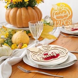 12 Pcs Thanksgiving Pumpkin Wooden Plate Decor Grateful Wood Cutouts Fall Autumn Thankful Blessed Favour Gather Party Place Card Table Settings Signs for Farmhouse Dining Table Holiday Harvest