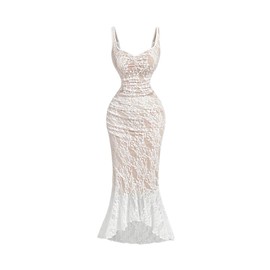 GORGLITTER Women's Lace Bodycon Fishtail Midi Dress Graduation Prom Wedding Guest Y2K Ruched Asymmetrical Summer Dress White Small