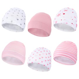 Newcotte 6 Pcs Preemie Baby Hats Cotton Preemie Caps Warm Preemie Beanie Baby Premature Hospital Hat for Preemie Boy Girl (Pink Color,Striped and Heart Style)