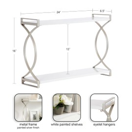 Kate and Laurel Arietta Modern Glam 2-Tier Wood and Metal Shelf, 24 x 7 x 16, White and Silver, Contemporary Decorative Wall Shelves for Over-The-Toilet Storage and Display