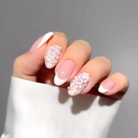 White French Tip Press on Nails,Long Almond Fake Nails with Flower Pearl Design,Summer Glossy Nude False Nails,Reusable Full Cover Stick on Nails for Women Artificial Acrylic Nails Glue on Nails