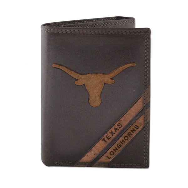 NCAA Texas Longhorns Zep-Pro Pull-Up Leather Trifold Embossed Wallet, Brown