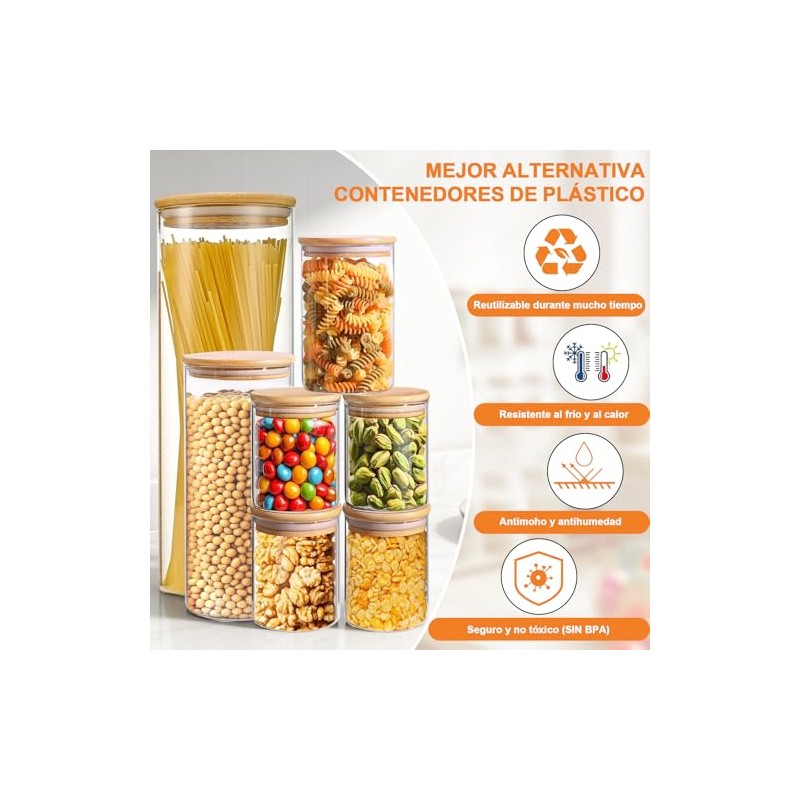 7 Recipientes Herméticos de Vidrio con Tapa de Bambú (Diferentes