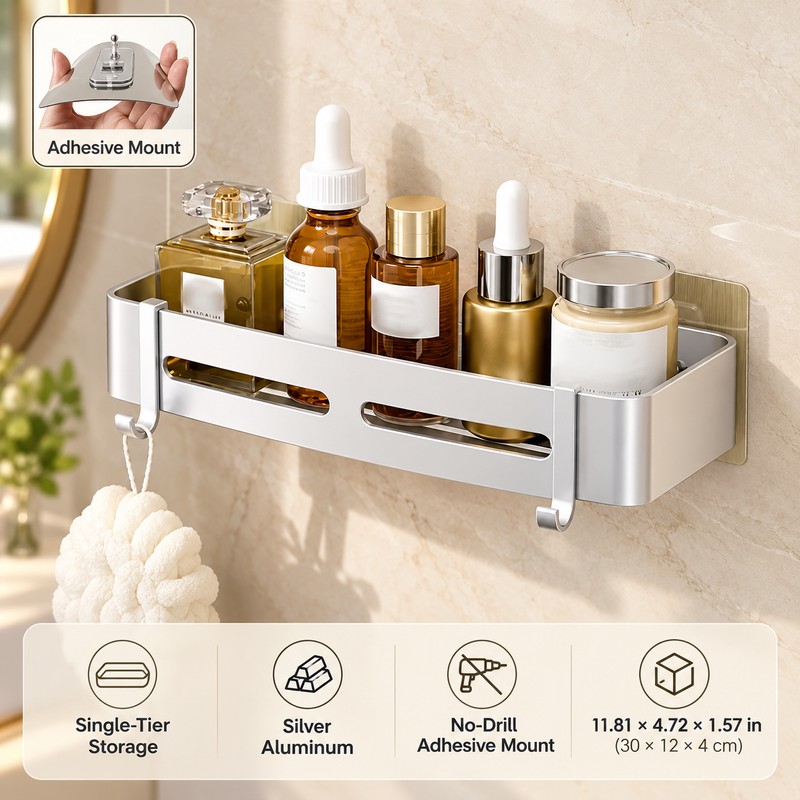 Aluminum Shower Caddy for Bathroom Storage – No-Drill Wall-Mounted Organizer