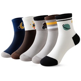 Vihir 5 Pairs Cotton Crew Socks for Boys and Girls Aged 3-5, 6-8, 9-12 Years, Soft Little Quarter Socks for Kids with Cute Space Design, Socks Boys 22-26.27-31.32-38, White Grey Navy