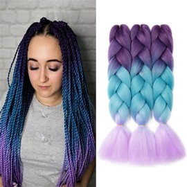Gairyan Jumbo Braids Synthetic Hair Extensions, 3 Pieces, Braiding Hair Extensions, 60 cm, Ombre Synthetic Braids for Braids, Crochet Braids (Purple & Lake Blue & Light Purple)