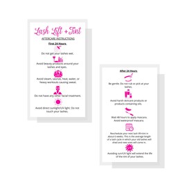 Lash Lift + Tint Aftercare Instruction Cards | 50 Pack | 2 x 3.5” inches Business Card Size | Eyelash Lift and Tint Kit at home diy aftercare supplies | White with Pink Icon Design