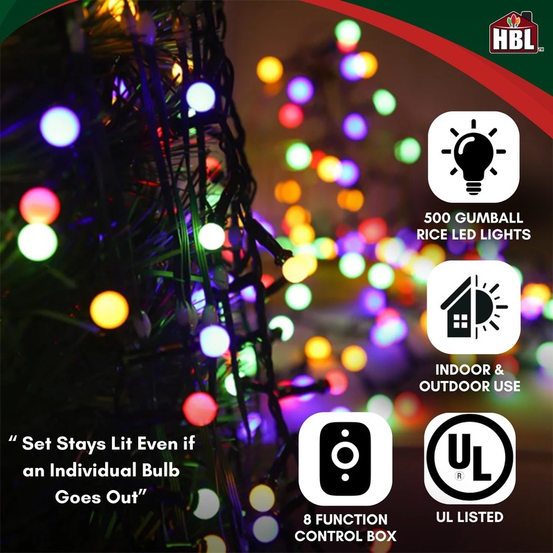 Holiday Bright Lights 500L Indoor/Outdoor Gumball Rice Light Reel -