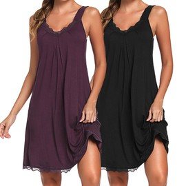 Uniexcosm Nightdress Women's Sleeveless Short Cotton Night Dress Lace V-Neck Sleepwear Sexy Non-Slip Shoulder Straps Casual Dress Sleepwear, Black and dark fuchsia