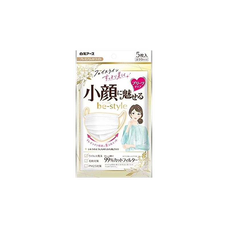 Hakugen Earth Bee Style Pleated Type, Normal, White, 5 Pieces