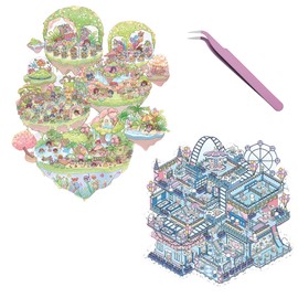 MUNSKT 2 Sets Oversize DIY 3D House Stickers, Pink Island & Blue Amusement Park Scenes, with Tweezers (Random Color) Ideal for Adults and Kids to Relieve Stress, Pass The Time (21 * 30cm)