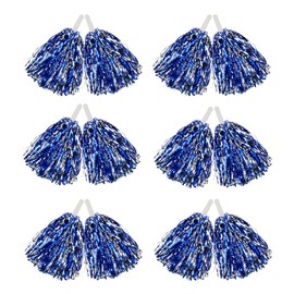 Hooshing 12PCS Pom Poms Cheerleading Blue and Silver Metallic Foil Cheer Pom Poms with Plastic Handles for Rooters Cheering Squard Team Spirit Sports
