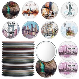 Bulyoou 18 Pcs New York Souvenir Travel Makeup Mirror Bulk Mini Round Hand Pocket Compact Mirror New York Travel Gift for Women Cosmetic Christmas Party Favors Birthday Trip Journey Gifts, 9 Styles