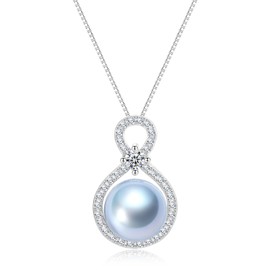 BAMIKI Blue Pearl Pendant Necklace, Akoya Cultured Pearls Round 10-11mm, S925 Sterling Silver Infinity Necklaces with 18+2In Adjustable Chain, 5A Cubic Zirconia, Elegant Luxury Jewelry Gifts for Women