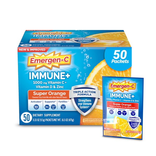 Emergen-C Immune+ Triple Action Immune Support Powder, BetaVia (R), 1000mg Vitamin C, B Vitamins, Vitamin D and Antioxidants, Super Orange – 50 Count