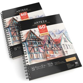 ARTEZA Mixed Media Sketchbook, 9x12 Inches – 2-Pack, 60 Spiral-Bound Sheets, 110 lb Acid-Free Paper for Wet & Dry Media: Acrylic, Ink, Pencil & More
