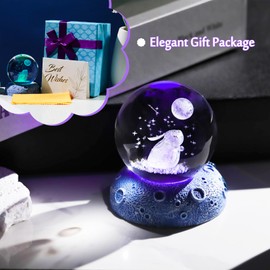 3D Crystal Ball Engraved Rabbit and Moon with Night Lights, 6cm/2.36 in. Glass Globe Figurines Gifts with Space Base for Women Daughter, Collectible Ornaments for Home Keepsake for Her Mum