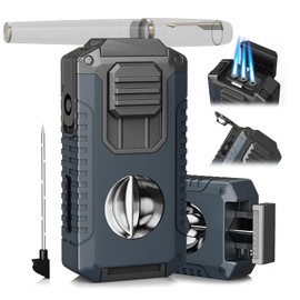 Torch Lighter Built-in Cutter, Punch, Holder, and Draw Enhancer Tool, with Gift Box for Men, Windproof Triple Jet Flame, Refillable Butane Lighter, All-in-one Lighters Accessories for Candle, Outdoor