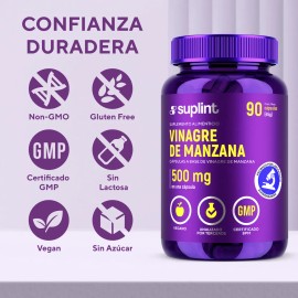 Vinagre de Manzana 1500 mg  Cpsulas de Vinagre de Sidra de Manzana Veganas  Suplemento Natural, Sin OGM ni Gluten  90 Cpsulas para Apoyo  SUPLINT     