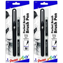 Pentel Arts Pocket Brush - Brush Pen - Pack of 2 Blister Cards - 2 x Brush Pens & 4 Refills - Black Ink