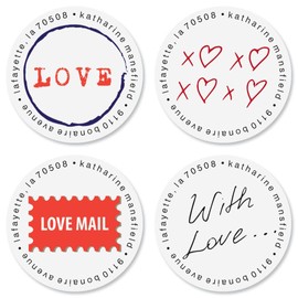 Colorful Images Stamp with Love Valentine’s Day Return Address Mailing Labels, Personalize with Name and Shipping Address, Set of 144 Self Adhesive, Easy Peel Flat Label Sheets, 1½" Across, 4 Designs