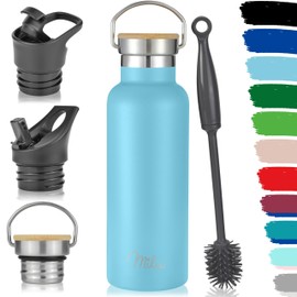 Milu Stainless Steel Drinking Bottle 350 ml 500 ml 750 ml 1000 ml (+ 3 Lids) - Thermos Bottle with Straw, Insulated Water Bottle, Leak-Proof Insulated Flask Double-Walled (Sky Blue, 500 ml)