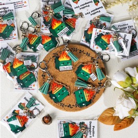 KOLLIEE 24 Pack Dumpster Fire Keychains 4 Unique Acrylic Designs Emotional Support Office Funny Keychain Gift with Fringe & Positive Cards for Coworkers Friends Family