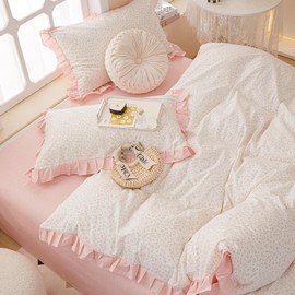 AMZTOP Princess Pink Floral Twin 100% Cotton Duvet Cover with Ruffle, Coquette Bedding, Teen Girls Romantic Comforter Cover with Zipper Closure, 3Pcs Vintage Floral Aesthetic Bedding Sets 68"x86"