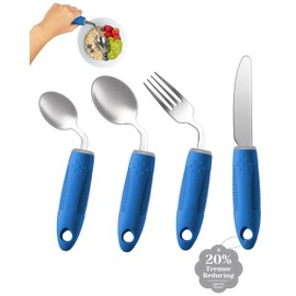 4-Piece Adaptive Utensils Set - 42° Angled Parkinsons Utensils, Weighted Utensils for Tremors and Parkinsons Patients, Blue (Right-Handed)