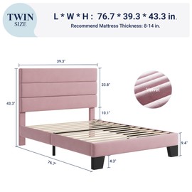 Allewie Twin Size Platform Bed Frame with Velvet Upholstered Headboard and Wooden Slats Support, Fully Upholstered Mattress Foundation/No Box Spring Needed/Easy Assembly, Pink