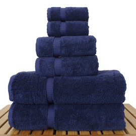 Luxury Hotel & Spa Quality Collection, Highly Absorbent & Quick Dry 100% Turkish Cotton, 750+ GSM, Eco Friendly Towel, Dobby Border Towels, 2 Bath Towel, 2 Hand Towel, 2 Washcloths (6 Piece, Navy)