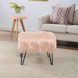 Home Soft Things Pink Mongolian Faux Fur Ottoman, Rose, 19'' x 13'' x 17'', Cozy Plush Fluffy Ottoman Foot Rest Stool for Living Room Bedroom Entryway Makeup Bench End of Bed Home Décor
