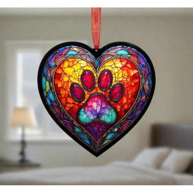 Image Industry Paw Print Stained Glass Effect Heart Suncatcher -