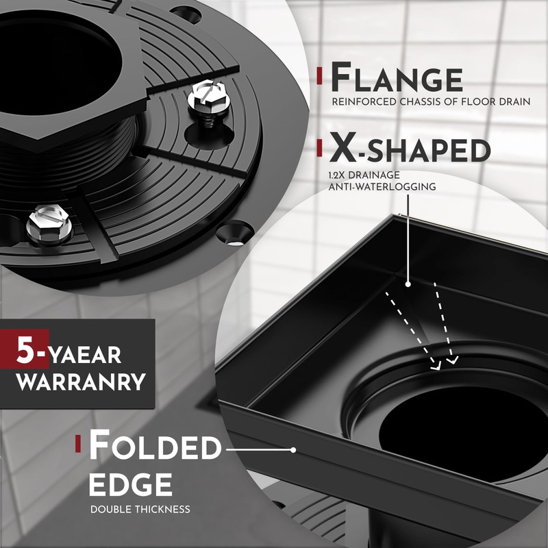 4 Inch Square Shower Drain Black Floor Drain with Flange
