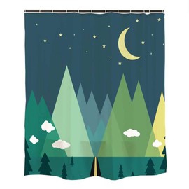 Ofat Home Green Mountain Forest Moon Star Cloud Kids Shower Curtain Sets with Hooks for Bathroom, Waterproof Fabric No Liner Needed Washable, 72x72 inches，90GSM Fabric