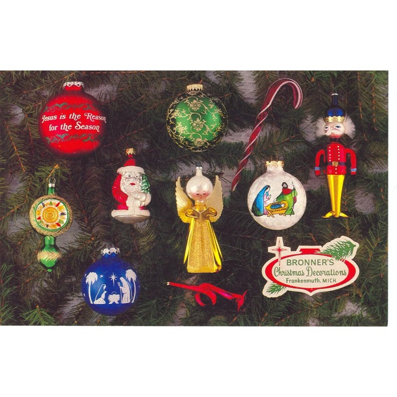 FRANKENMUTH MICHIGAN BRONNERS GLASS ORNAMENTS ON POSTCARD (CD#23a*)