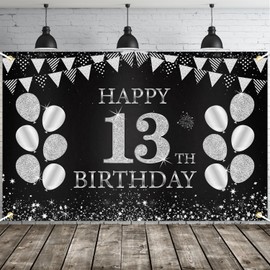 JOYKY Happy 13th Birthday Banner, Black Silver 13th Birthday Party Decorations for Boys Girls, 13 Year Old Birthday Supplies Backdrop Décor, 5.9 X 3.8 Fts
