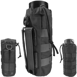 YOWDUTY Tactical MOLLE Water Bottle Holder, Upgraded Water Bottle Pouch with Drawstring Open Top & Mesh Bottom, 16/24/25/32oz Water Bottle Carrier Bag with D-Ring Hook for Backpack(Black)