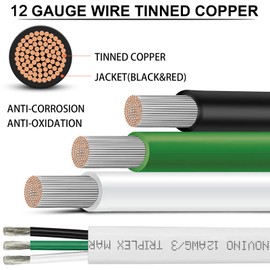 12 Gauge Marine Wire Triplex Tinned Copper Boat Cable,12 AWG Marine Wire 12/3 Marine Grade Wire 12 Gauge OFC Oxygen Free Copper Wire for Automotive RV Boat Speaker Solar Outdoor 12/3 Marine Wire- 50ft
