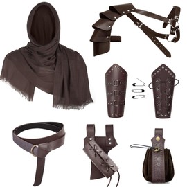 Medieval Knight Leather Men Renaissance Half Shoulder Cape Scarf Buckle Bracers Retro Sword Frog (Brown)